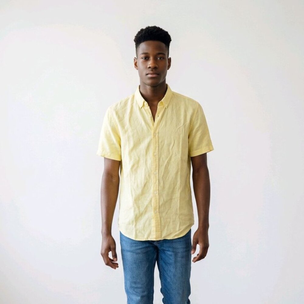 SuperDry Studios Men's Medium Linen Cotton Blend Yellow Short Sleeve Button-down